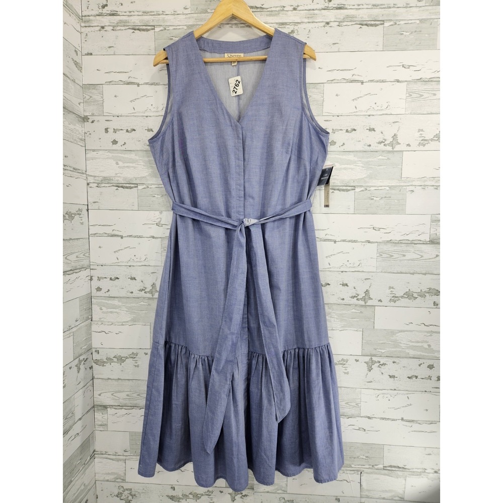 52 Seven Womens 1X Sleeveless Belted V Neck Cotton Dress Light Blue